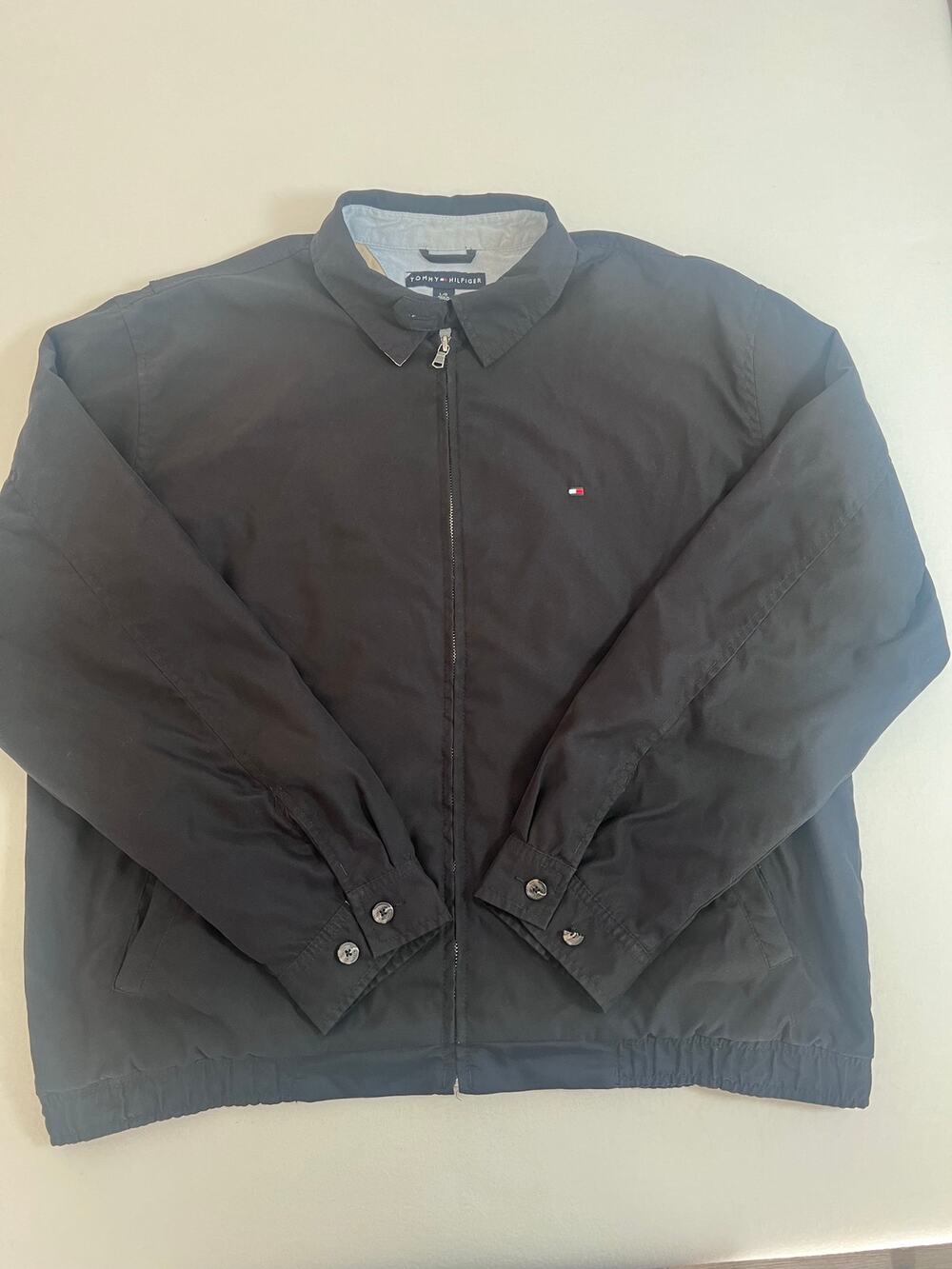 Tommy Hilfiger Mens L Black Harrington Jacket Full Zip Cotton Lined Flag Logo